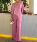 Women's Two Piece Set – V Neck Layered Top Wide Leg Pants Wedding Guest
