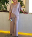 Women's Two Piece Set – V Neck Layered Top Wide Leg Pants Wedding Guest