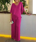 Women's Two Piece Set – V Neck Layered Top Wide Leg Pants Wedding Guest