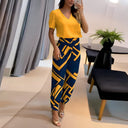 Women's Two Piece Set – V Neck Top Geometric Print High Waist Tapered Pants
