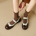 Women's Two-Tone Brogue Mary Jane Flats – Round Toe Wingtip Buckle Strap Low Heel