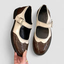 Women's Two-Tone Brogue Mary Jane Flats – Round Toe Wingtip Buckle Strap Low Heel