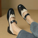 Women's Two-Tone Brogue Mary Jane Shoes – Round Toe Buckle Strap Low Block Heel