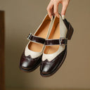Women's Two-Tone Brogue Mary Jane Shoes – Round Toe Buckle Strap Low Block Heel
