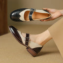 Women's Two-Tone Brogue Mary Jane Shoes – Round Toe Buckle Strap Low Block Heel