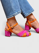 Women's Two Tone Color Block Sandals – Open Toe Ankle Strap Block Heel