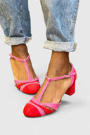 Women's Two Tone Color Block T-Strap Heels – Round Toe Block Heel Mary Jane