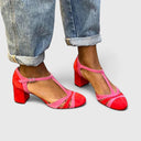Women's Two Tone Color Block T-Strap Heels – Round Toe Block Heel Mary Jane