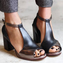 Women's Two-Tone Peep Toe Heels – Open Toe T-Bar Ankle Strap Buckle Block Heel