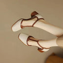 Women's Two-Tone T-Strap Pumps – Square Toe Perforated Upper Mid Block Heel