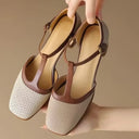 Women's Two-Tone T-Strap Pumps – Square Toe Perforated Upper Mid Block Heel