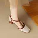 Women's Two-Tone T-Strap Pumps – Square Toe Perforated Upper Mid Block Heel