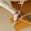 Women's Two-Tone T-Strap Pumps – Square Toe Perforated Upper Mid Block Heel