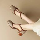 Women's Two-Tone T-Strap Pumps – Square Toe Perforated Upper Mid Block Heel