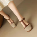 Women's Two-Tone T-Strap Pumps – Square Toe Perforated Upper Mid Block Heel