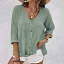Women's V Neck Button-Up Blouse – Relaxed Fit 3/4 Roll Sleeve Casual Top