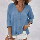 Women's V Neck Button-Up Blouse – Relaxed Fit 3/4 Roll Sleeve Casual Top