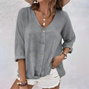 Women's V Neck Button-Up Blouse – Relaxed Fit 3/4 Roll Sleeve Casual Top