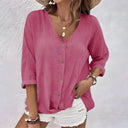 Women's V Neck Button-Up Blouse – Relaxed Fit 3/4 Roll Sleeve Casual Top