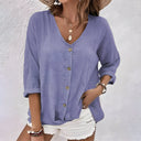 Women's V Neck Button-Up Blouse – Relaxed Fit 3/4 Roll Sleeve Casual Top