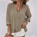 Women's V Neck Button-Up Blouse – Relaxed Fit 3/4 Roll Sleeve Casual Top