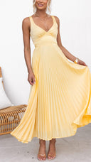 Women's V Neck Pleated Maxi Dress – Crisscross Back Straps Wedding Guest Summer
