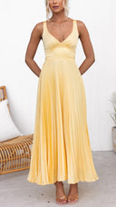 Women's V Neck Pleated Maxi Dress – Crisscross Back Straps Wedding Guest Summer