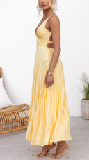 Women's V Neck Pleated Maxi Dress – Crisscross Back Straps Wedding Guest Summer