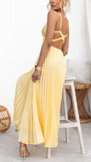 Women's V Neck Pleated Maxi Dress – Crisscross Back Straps Wedding Guest Summer