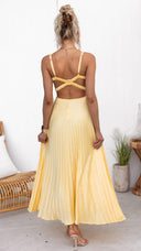 Women's V Neck Pleated Maxi Dress – Crisscross Back Straps Wedding Guest Summer