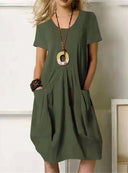 Women's V Neck Shift Dress – Short Sleeve Pleated Bubble Hem Casual Day Dress