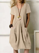 Women's V Neck Shift Dress – Short Sleeve Pleated Bubble Hem Casual Day Dress