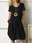 Women's V Neck Shift Dress – Short Sleeve Pleated Bubble Hem Casual Day Dress
