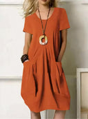 Women's V Neck Shift Dress – Short Sleeve Pleated Bubble Hem Casual Day Dress