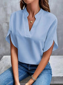 Women's V Neck Split Sleeve Blouse – Solid Plain Woven Casual Office Top