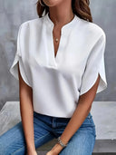 Women's V Neck Split Sleeve Blouse – Solid Plain Woven Casual Office Top