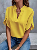 Women's V Neck Split Sleeve Blouse – Solid Plain Woven Casual Office Top