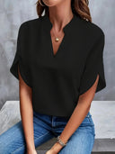 Women's V Neck Split Sleeve Blouse – Solid Plain Woven Casual Office Top
