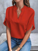 Women's V Neck Split Sleeve Blouse – Solid Plain Woven Casual Office Top