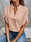 Women's V Neck Split Sleeve Blouse – Solid Plain Woven Casual Office Top