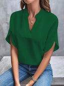 Women's V Neck Split Sleeve Blouse – Solid Plain Woven Casual Office Top