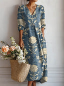 Women's Vintage Botanical Floral Midi – V Neck 3/4 Sleeve Loose Casual Everyday Dress