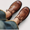 Women's Vintage Brogue T-Bar Mary Jane Shoes – Buckle Strap Round Toe Flat
