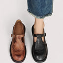 Women's Vintage Brogue T-Bar Mary Jane Shoes – Buckle Strap Round Toe Flat