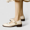 Women's Vintage Brogue T-Bar Mary Jane Shoes – Gold Buckle Low Block Heel