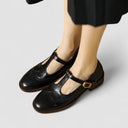 Women's Vintage Brogue T-Bar Mary Jane Shoes – Gold Buckle Low Block Heel
