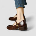 Women's Vintage Brogue T-Bar Mary Jane Shoes – Gold Buckle Low Block Heel