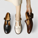 Women's Vintage Brogue T-Bar Mary Jane Shoes – Gold Buckle Low Block Heel