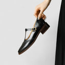 Women's Vintage Brogue T-Bar Mary Jane Shoes – Gold Buckle Low Block Heel