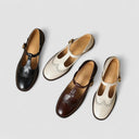 Women's Vintage Brogue T-Bar Mary Jane Shoes – Gold Buckle Low Block Heel